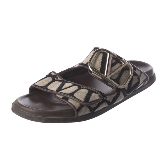 Valentino Garavani Toile Iconograph Double Strap V-Logo Slide Sandals Mule - Picture 4 of 15